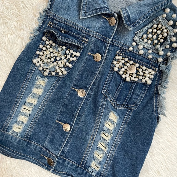 Y2K Llove Pearl distressed sleeveless denim vest - Picture 3 of 11